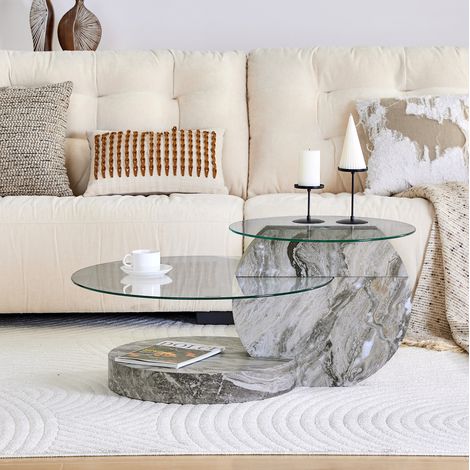 Couchtisch rund 70x70 cm grau transparent aus MDF und Glas mit 2 Ebenen in Marmoroptik (1/5)
