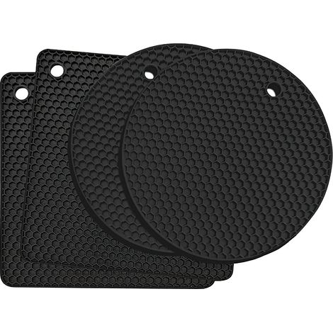 Lot de 4 sous-verres en silicone multifonctionnels résistants à la chaleur - Passe au lave-vaisselle - Antidérapants - Motif nid d'abeille (noir) (1/5)