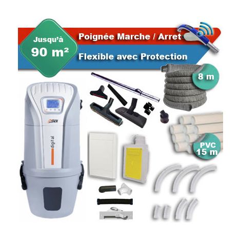 Aspirateur central SACH VAC Digital 1.6 kW garantie 4 ans + flexible rétractable 8 m avec housse de protection + poignée marche/arrêt + 7 accessoires + kit 1 prise RETRAFLEX + kit prise balai (rayon d (1/5)