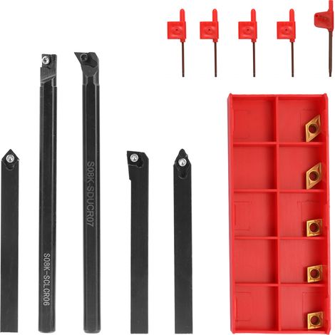 Satz aus 5 Drehwerkzeughaltern mit 8 mm Bohrstange + 3 CCMT060204 Hartmetalleinsätzen + 2 DCMT070204 Einsätzen (1/2)