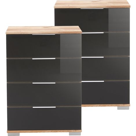 Schlafzimmer Nachttisch 2er Set, auch für Boxspringbett geeignet, in Plankeneiche Nb. mit grauem Glas ELSTRA-43, B/H/T ca. 52/74/38 cm