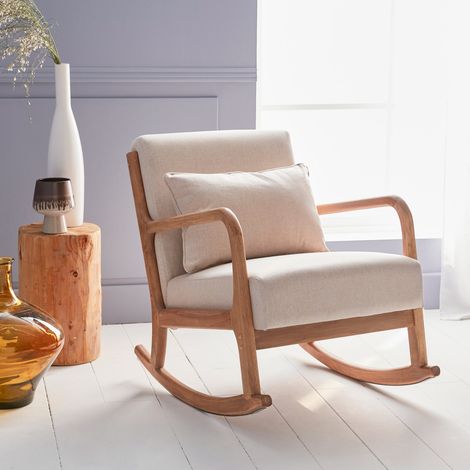 Poltrona scandinava a dondolo in legno e tessuto con braccioli (1/5)