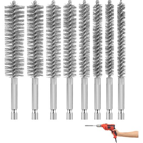 Lot de 8 brosses métalliques pour perceuse en acier inoxydable 304 - Brosse métallique pour perceuse, tige hexagonale de 6,35 mm, poignée en acier S2 pour pièces en acier, machines, taches de peinture