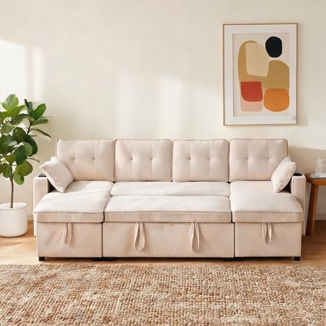 Canapé convertible d'angle en U beige pour salon et chambre (1/5)