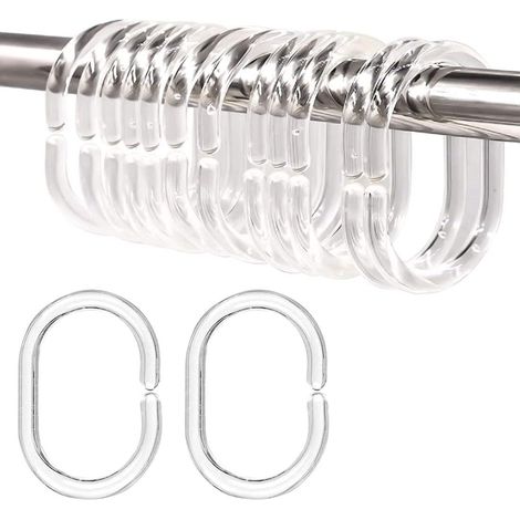 Lot de 12 anneaux de rideau de douche transparents, crochets en plastique en forme de C pour salle de bain, accessoires de fixation pour douche, patères de rideau, robustes et durables. (1/5)
