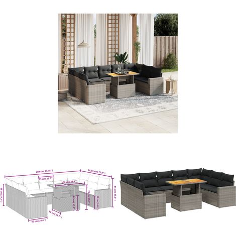10-tlg. Garten-Sofagarnitur mit Kissen Grau Poly Rattan - Gartenmöbel - Esszimmergarnituren - Outdoor Möbel - Lounge Set - Rattan Gartenmöbel - Home & Living