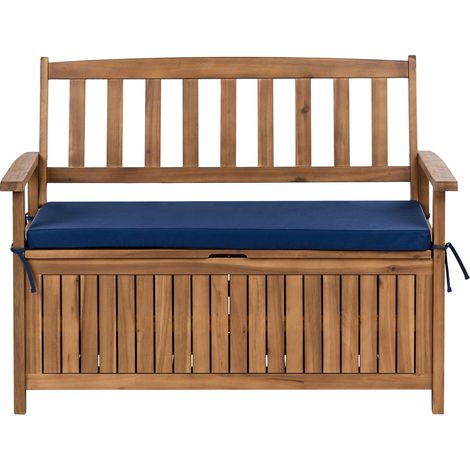 Outdoor Bench with Storage Brown Solid Acacia Wood Fabric 2 Seater 120 cm with Blue Cushion SOVANA (1/5)