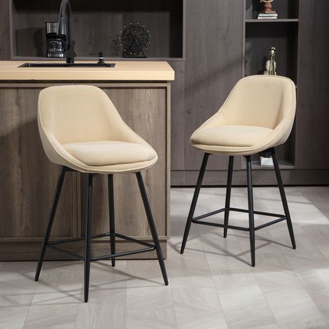 2er-Set Barhocker mit Rücken- und Armlehnen, 360° drehbare Küchenhocker mit integrierter Fußstütze, hohe Barhocker aus Cord, für Wohnzimmer, Esszimmer, Kücheninsel, Beige (1/5)