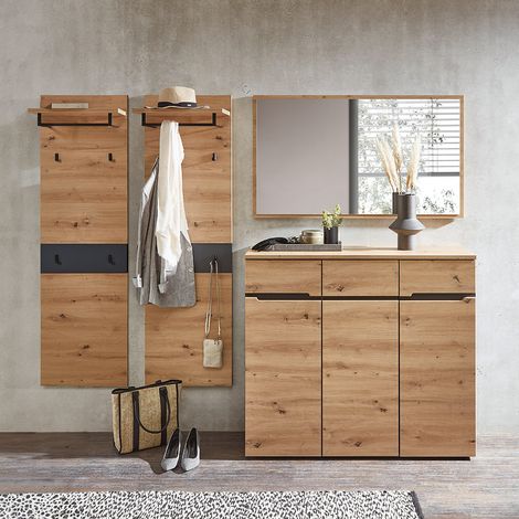 Garderoben Set mit Spiegel, Schuhschrank, 2 x Garderobenpaneel MANRESA-36 in Artisan Eiche Nb. mit Graphit (1/5)