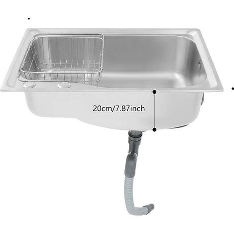 Évier de cuisine, simple cuve, comprend un panier de drainage et des accessoires, Argent (1/2)
