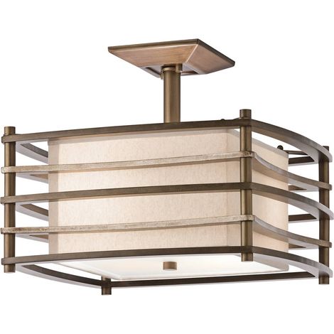 Plafoniera soggiorno lampada legno lino vetro D 40,6 cm 2 fiamme (1/5)