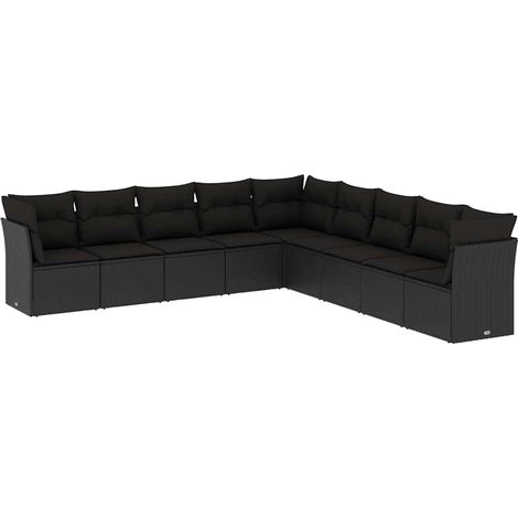 9 Piece Garden Sofa Set with Cushions Black Poly Rattan vidaXL (1/3)