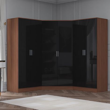 Reflect 3pc Wardrobe Bundle - 2 Door Corner + 2x 2 Door Plain - Black Gloss & Walnut (1/5)
