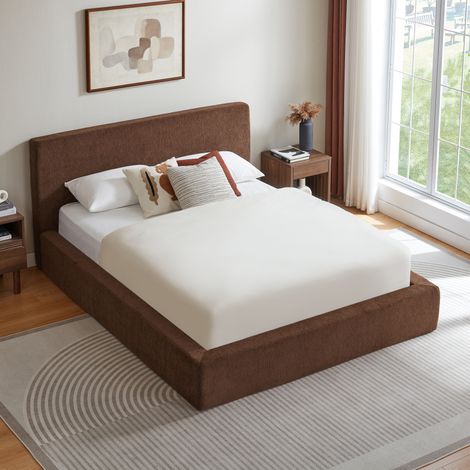 MODFU – Cama de matrimonio 140x200 cm de espuma y acero con estructura reforzada, soporte uniforme, montaje fácil y 2 paquetes – Marrón (1/5)