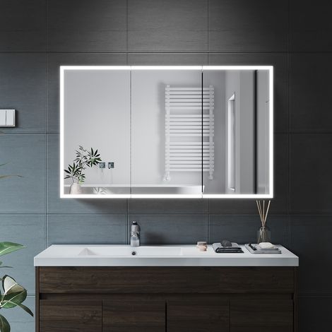 ELEGANT Wall Mounted Bathroom LED Mirror Cabinet Cupboard with Mirror 3 Door Soft Close Storage Cabinet with Adjustable Light Shaver Socket Bluetooth 1050x650x125mm (1/5)