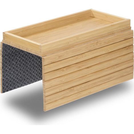 DETOR Plateau d'accoudoir pour canapé avec boîte de rangement 31,5x14cm, bambou finition naturelle, base en feutre antidérapant, lattes robustes, pour accoudoirs dès 15,5cm (1/5)