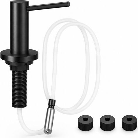 Distributeur de savon encastrable pour plan de travail – Finition noir brossé – Pompe en acier inoxydable 304 avec tuyau de 1 m, clapet anti-retour en métal et 3 bouchons noirs (1/5)