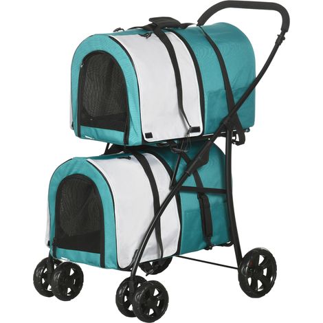 Cochecito double pour chiens chats pliable 2 transportines extraíbles cinturón cojines 66x50x98cm vert gris