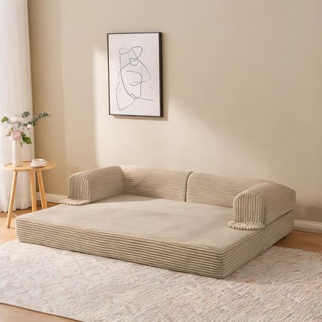 Canapé convertible 2 places en tissu cord beige coloris marron (1/5)