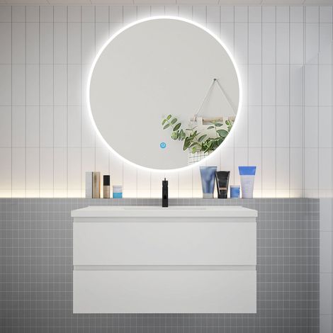Ensemble meuble vasque L.99cm 2 tiroirs + lavabo + LED miroir rond 100cm,blanc,easy (1/5)