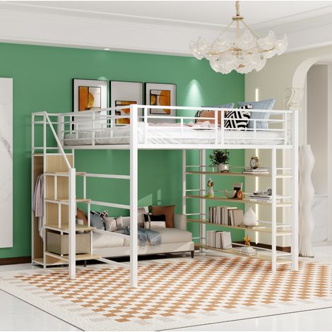 DESVIAE Lit mezzanine 140 x 200 cm avec escalier de rangement armoire étagères garde corps haut métal blanc (1/5)