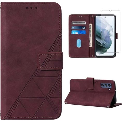 Verre trempé + Coque Pour Samsung Galaxy S21 FE 5G 6.41" Housse PU Anti-chute Etui Housse Téléphone Protection cover case, vin (1/4)