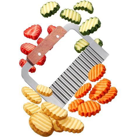 Un acheté, un offert Coupe-frites en acier inoxydable avec manche en bois – Coupe-pommes de terre et légumes ondulé, outil de cuisine manuel 18 x 11,5 cm (1/5)