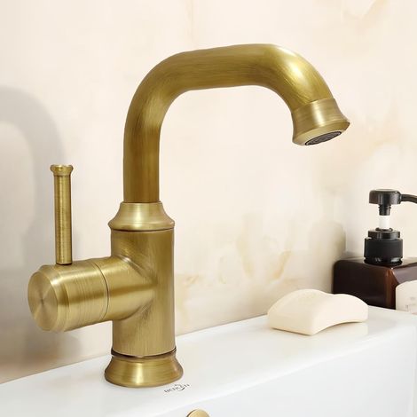 Grifo Lavabo Latón Antiguo,Vintage Rústico Estilo Mezclador Monomando Lavabo,Retro Grifo de Lavabo Baño 360° Giratorio Agua Fría y Caliente (1/2)