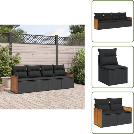 4-tlg. Garten-Sofagarnitur mit Kissen Schwarz Poly Rattan - Gartengeset - Gartenmöbelset - Rattan Möbel - Lounge Set - Gartenlounge (1/5)