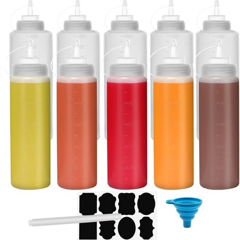 Lot de 10 bouteilles compressibles de 500 ml et 1 000 ml pour condiments, distributeurs de sauce en plastique avec mesures pour ketchup, barbecue, sauces, sirop, vinaigrettes (1/5)