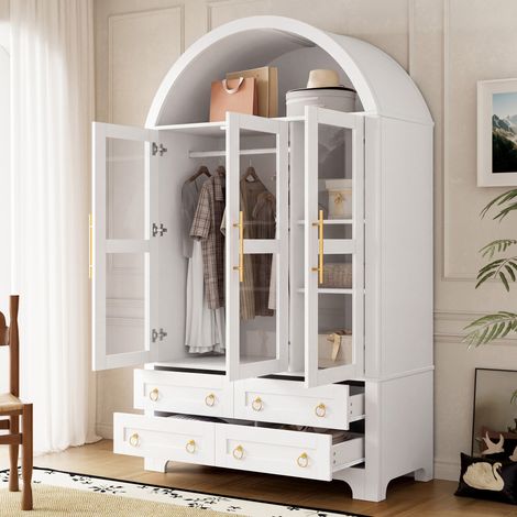 Armoire 3 portes vitrées et 4 tiroirs avec penderie et LED, 110 x 50 x 186 cm, blanc (1/5)