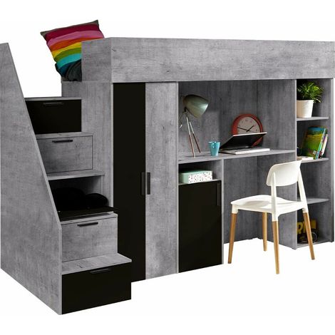 Litera Hartford 365, Hormigón + Negro, Individuales, 90x200, Aglomerado laminado, Somieres, 120x247x165cm