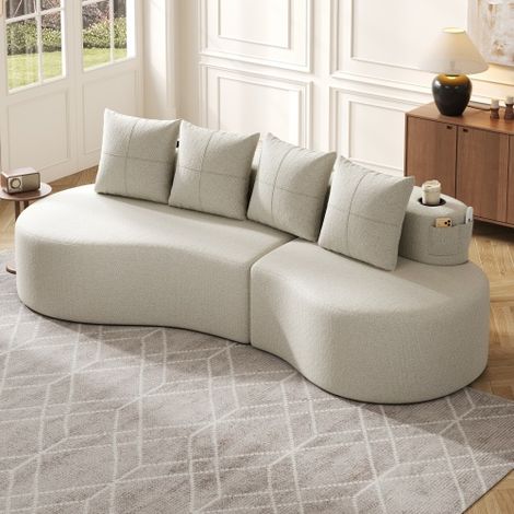 Canapé en lin avec 4 coussins, garnissage en mousse haute densité et plumes, porte-gobelet et poche latérale – Design unique, confortable et respirant, idéal pour le salon, la chambre d'amis ou le bal