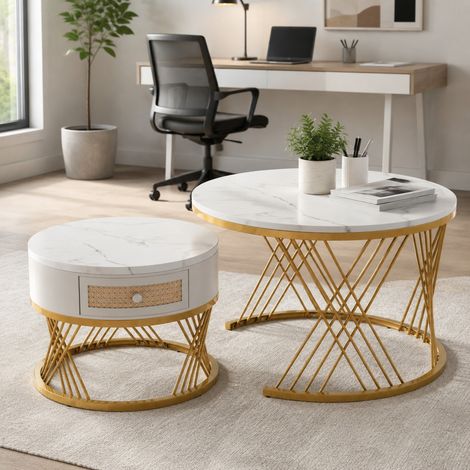 Table basse ronde lot de 2 avec tiroir, plateau effet marbre, MDF et métal, blanc et or DESVIAE (1/5)