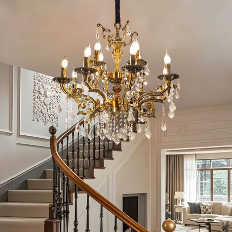 Large Crystal Chandeliers K9 Crystal Glass Ceiling Light Vintage Candle Pendant for Dinning Living Room Bedroom, 8 Lights