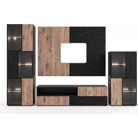 Ensemble meuble TV mural Cannes 2 avec vitrine LED - Bois MDF noir et chêne Viking et effet marbre noir - 280 x 182 x 45 cm - Livraison gratuite (1/5)