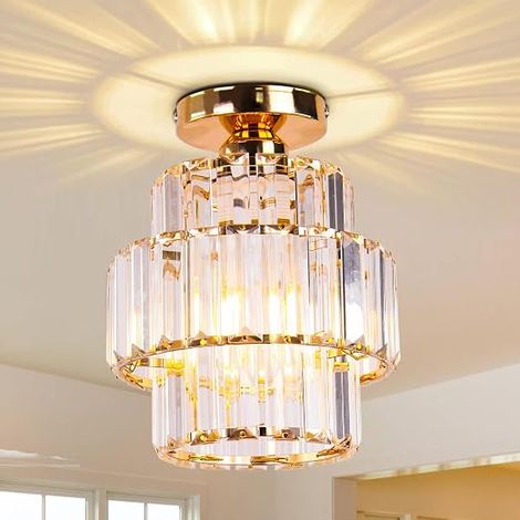 Mini lustre en cristal lustre encastré plafonnier double couche de cristal moderne lustre luminaire Chambre couloir Bar cuisine salle de bain or (1/5)