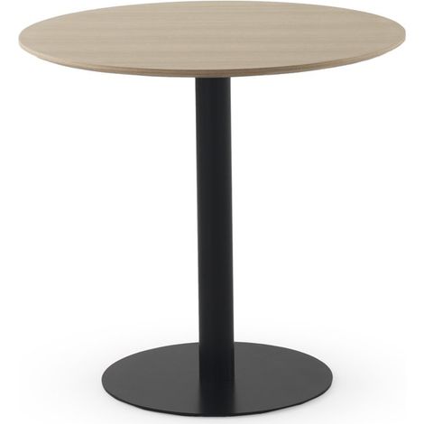 Eschenfarbener Melamintisch, 80 cm Durchmesser, schwarzer Metallfuß (1/4)