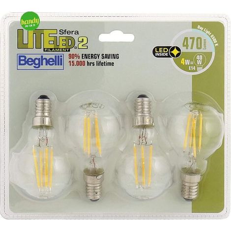 Lampadina led a sfera Beghelli trasparente 4,0 w (40 w) e14 6.500 k pz 4