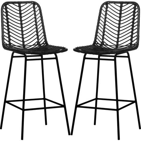 Lot de 2 tabourets de bar design bohème noir 66 cm repose-pieds métal rotin PE