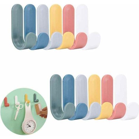 12 Pièces Patere Murale Crochets Muraux,Triomphe Crochets Muraux Autocollants, Plastique Crochets Adhésifs, ABS Plastique Créatif Mignonne Forme J Crochets pour Serviette, Clés, Manteau (6 Coul