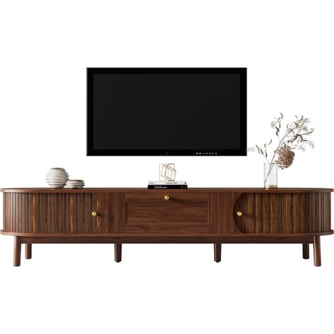 Meuble TV moderne avec rangements, deux portes coulissantes, grande niche et finitions élégantes pour salon et chambre, style épuré en bois foncé, CHICFURN (1/5)