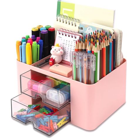 Organisateur de Bureau avec 2 Tiroirs, 19CM x 14CM Organisateur de Bureau Multifonctionnel Porte-Stylo de Grande Capacité Organisateur de Maquillage pour Bureau École Maison Tableau (Rose)