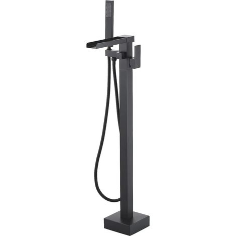 Grifo de bañera independiente con cascada, negro, latón, grifo de bañera independiente, mezclador monomando con ducha de mano, grifo de bañera negro (conexión oculta) (1/5)