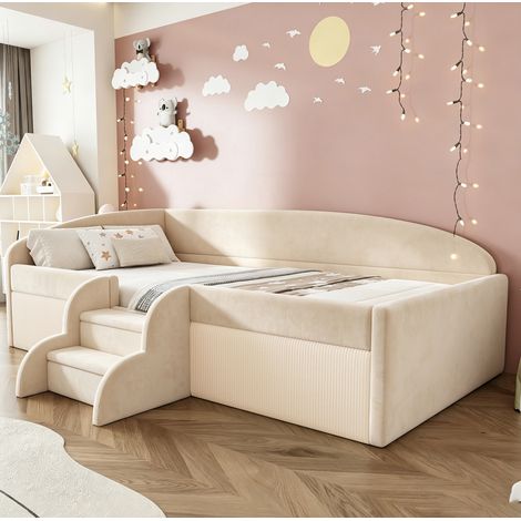 Letto per bambini 90x190 cm in velluto beige con scalini antiscivolo, sponda di sicurezza e base a doghe. (1/5)