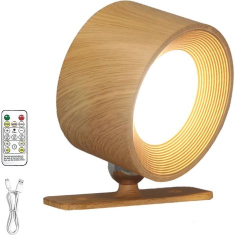Wandleuchte mit 360° drehbarer LED-Beleuchtung, Fernbedienung, 3 Farbtemperaturen, USB-aufladbar, Holz