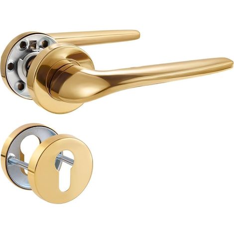 Gold PVD Door Handle Denture Trim Matte Brushed Stainless Steel Handle for Entrance and Interior Door, L Shape, Round Rosette, PZ - Profile Cylinder (1/5)