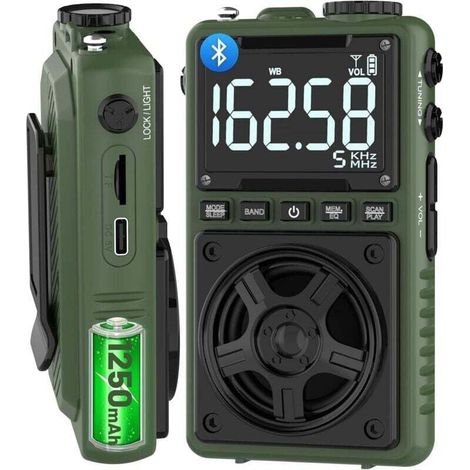 Radio AM/FM Bluetooth à ondes courtes avec alerte météo NOAA, radio de poche portable rechargeable 1250 mAh avec une réception optimale, grand haut-parleur 5 W, tuner numérique et écouteurs, prise en