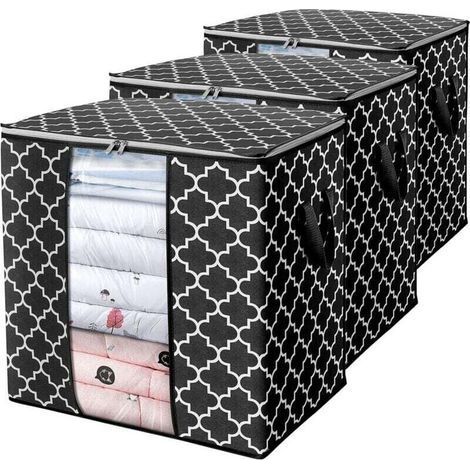 pair Confezione da 3 sacchi portaoggetti da 100 litri per piumoni e biancheria da letto, organizer pieghevole con maniglia rinforzata, finestra trasparente, cerniere resistenti, nero (1/4)