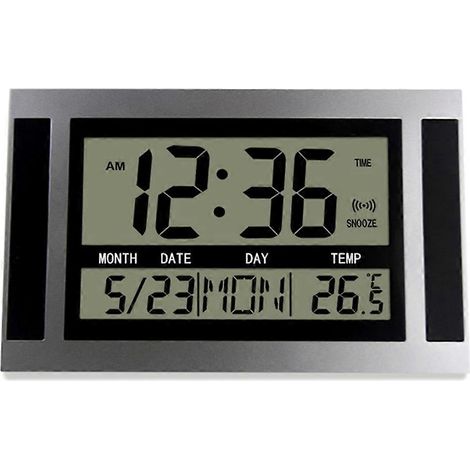 Horloge murale numérique avec grand écran LCD affichant l'heure, la température, le calendrier, le réveil, horloge de bureau, design moderne. (1/5)